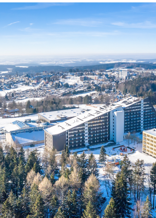 Ein Hotel, umgeben von schneebedeckten Bäumen, strahlt eine ruhige und malerische Winteratmosphäre aus.