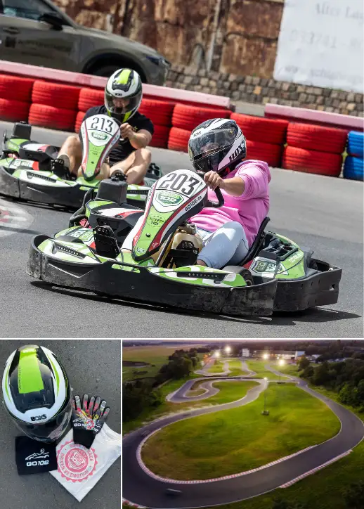 Collage zeigt Go-Kart-Rennen, Helme und die Outdoor-Kartbahn GO102 in actionreichen Momenten.