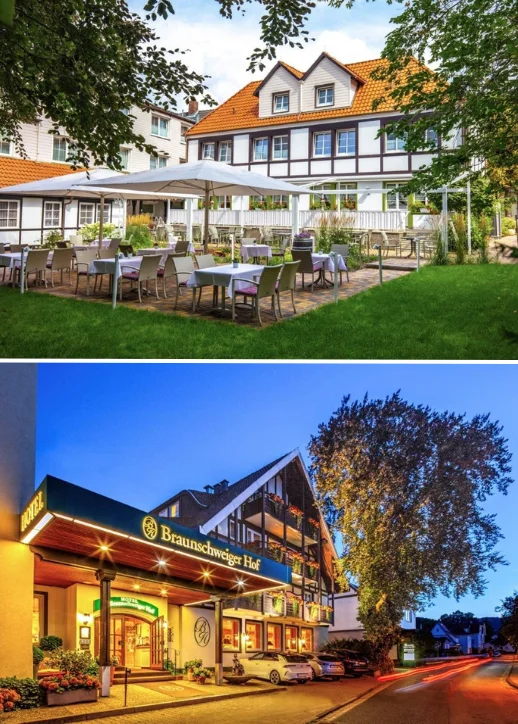 Ansichten des Hotels Braunschweiger Hof und eines Restaurants in Bad Harzburg.