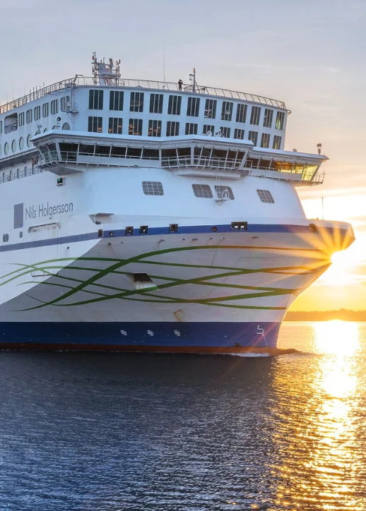 Ein großes, weißes und blaues Boot schwimmt ruhig auf dem Wasser.