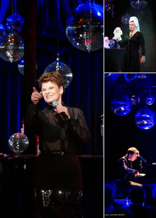 Bildcollage von Gayle Tufts beim Singen und einem Mann in rotem Anzug.