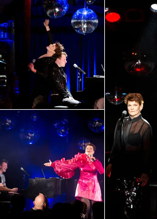 Bildcollage von Gayle Tufts beim Singen und einem Mann in rotem Anzug.