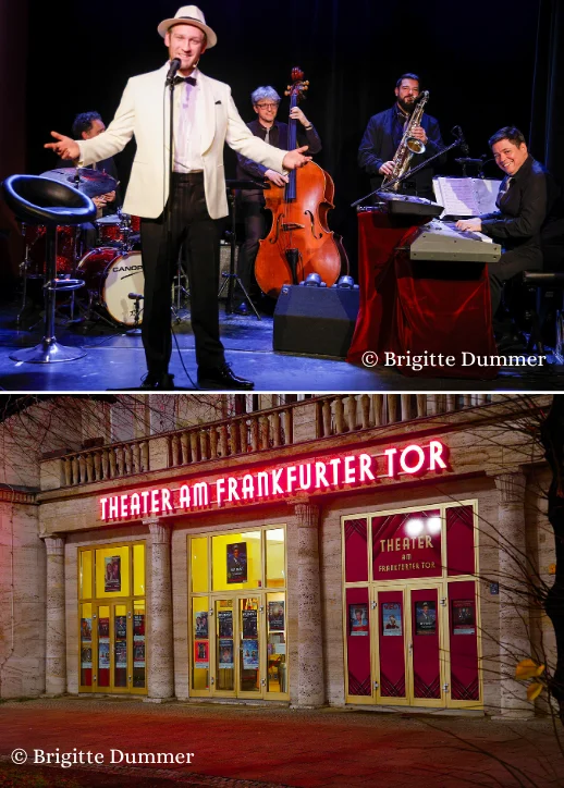 Zwei Bilder: ein Mann im Anzug und ein Mann im Smoking vor dem Theater am Frankfurter Tor.