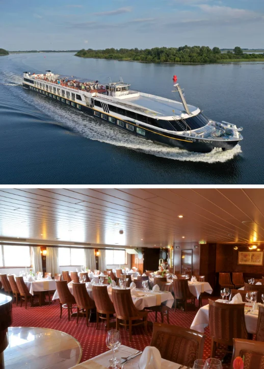 Zwei Bilder: ein Kreuzfahrtschiff auf der Elbe und ein elegantes Restaurant mit Blick auf das Wasser.
