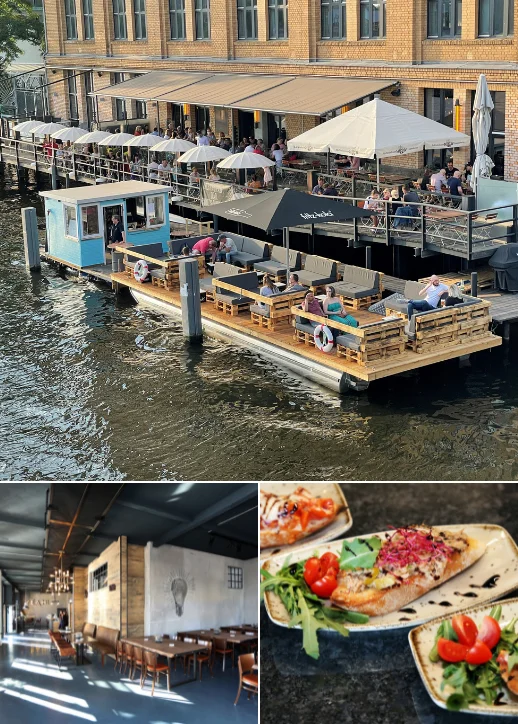 Restaurant auf einem Boot im Fluss, ausgestattet mit einem sonnigen Deck für entspannte Mahlzeiten im Freien.