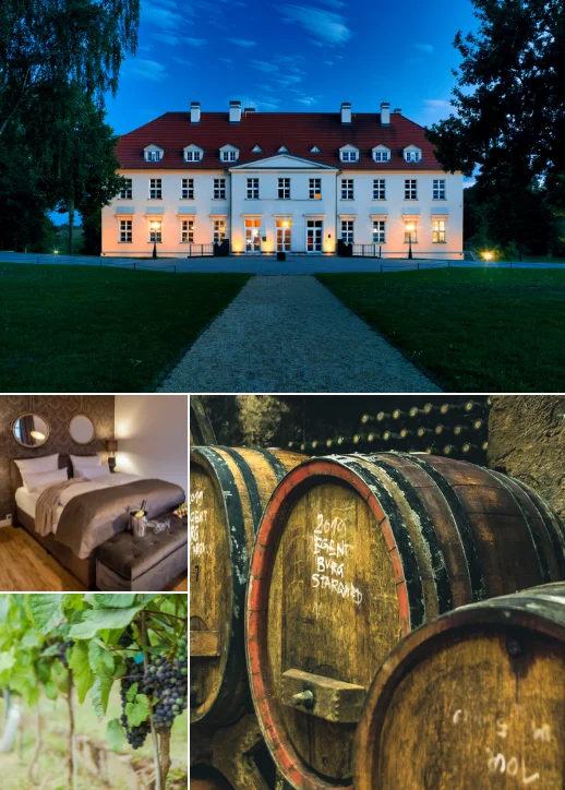 Collage: Hotel Schloss Rattey, umgeben von Weinreben und schöner Landschaft.