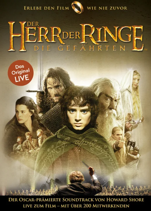 Filmplakat von "Der Herr der Ringe: Die zwei Türme" zeigt epische Szenen und Hauptfiguren in einer fantastischen Umgebung.