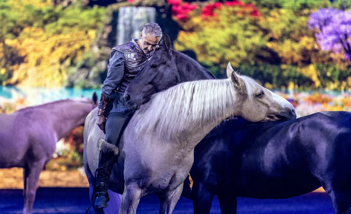 Ein Reiter auf einem Pferd vor einem lebhaften, farbenfrohen Hintergrund, der die Fantasiewelt von CAVALLUNA darstellt.