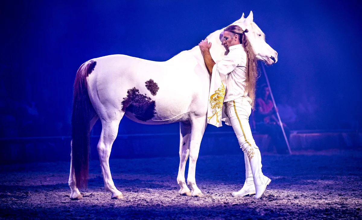 Eine Frau hält ein weißes Pferd in einem Zirkus, umgeben von bunten Lichtern und einer festlichen Atmosphäre.
