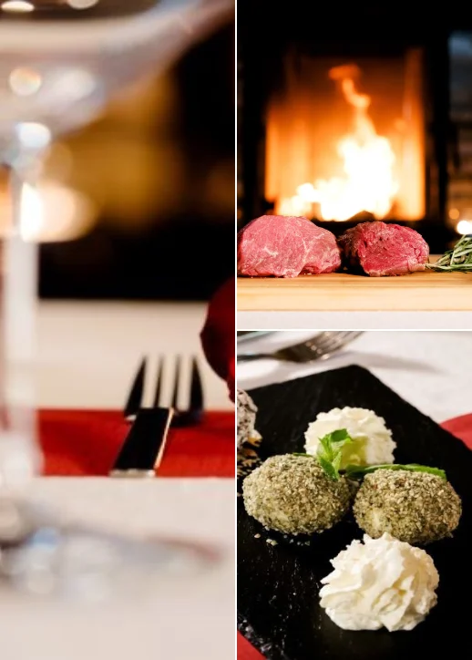 Eine Collage aus köstlichem Essen und Wein vor einem gemütlichen Kamin im Restaurant Boddensee Berlin.