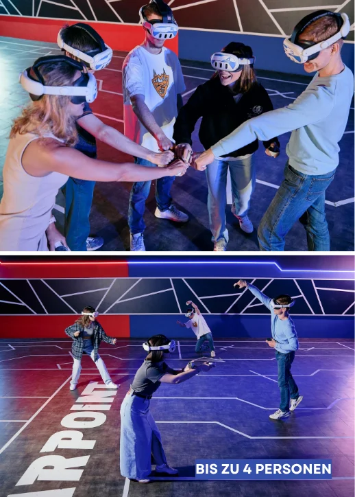 Menschen in Virtual-Reality-Headsets erleben gemeinsam Abenteuer im Virtual-Reality-Park für 4 Personen.