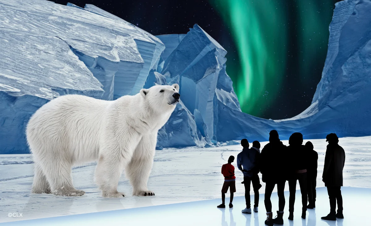 Eisbär in einer verschneiten Umgebung, präsentiert in der Ausstellung "POLAR EXPERIENCE" über die Arktis und Antarktis.