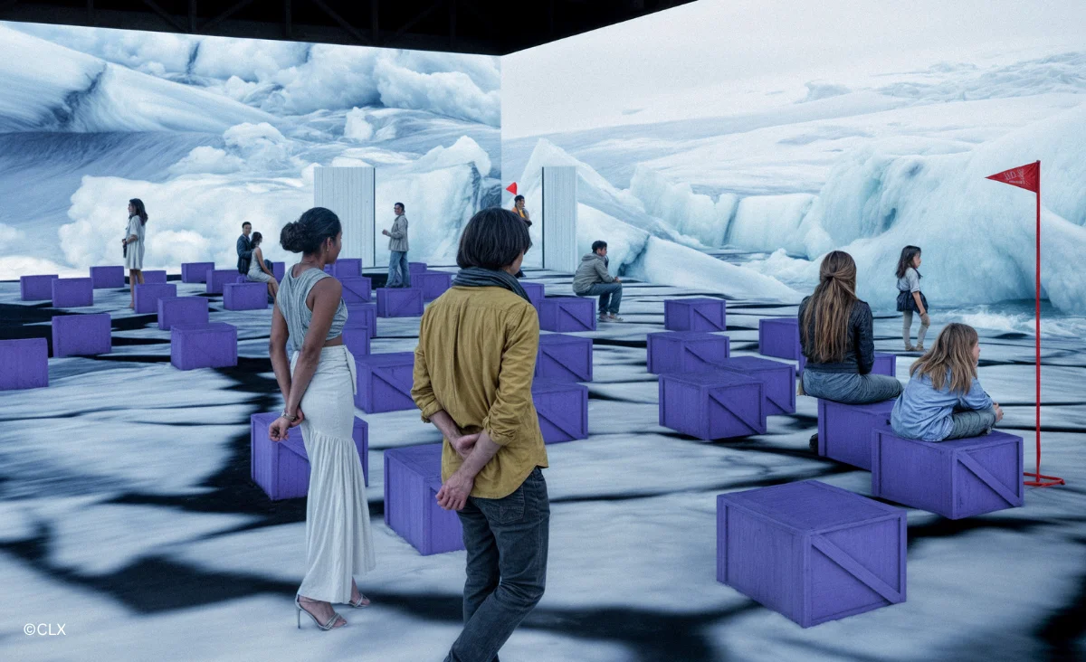 Besucher in einem Raum mit großem Bildschirm, der die immersive Ausstellung POLAR EXPERIENCE über die Polarregionen präsentiert.