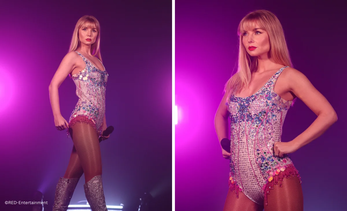 Taylor Swift in einem glitzernden Bodysuit und Stiefeln während des Tribute-Events am 21. Mai 2026 im Tempodrom.