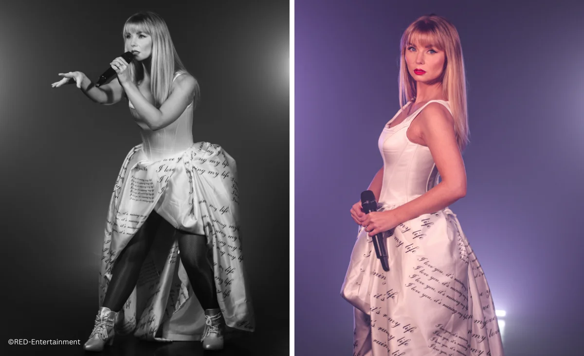 Taylor Swift in einem weißen Kleid, schwarz-weißes Foto, bewirbt das Tribute-Event "One Night of Taylor" am 21. Mai 2026.