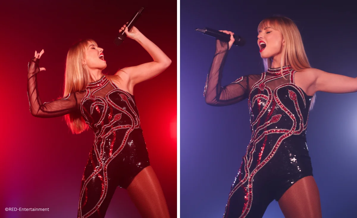 Zwei Aufnahmen einer Sängerin auf der Bühne beim "One Night of Taylor" Tribute am 21. Mai 2026 im Tempodrom.