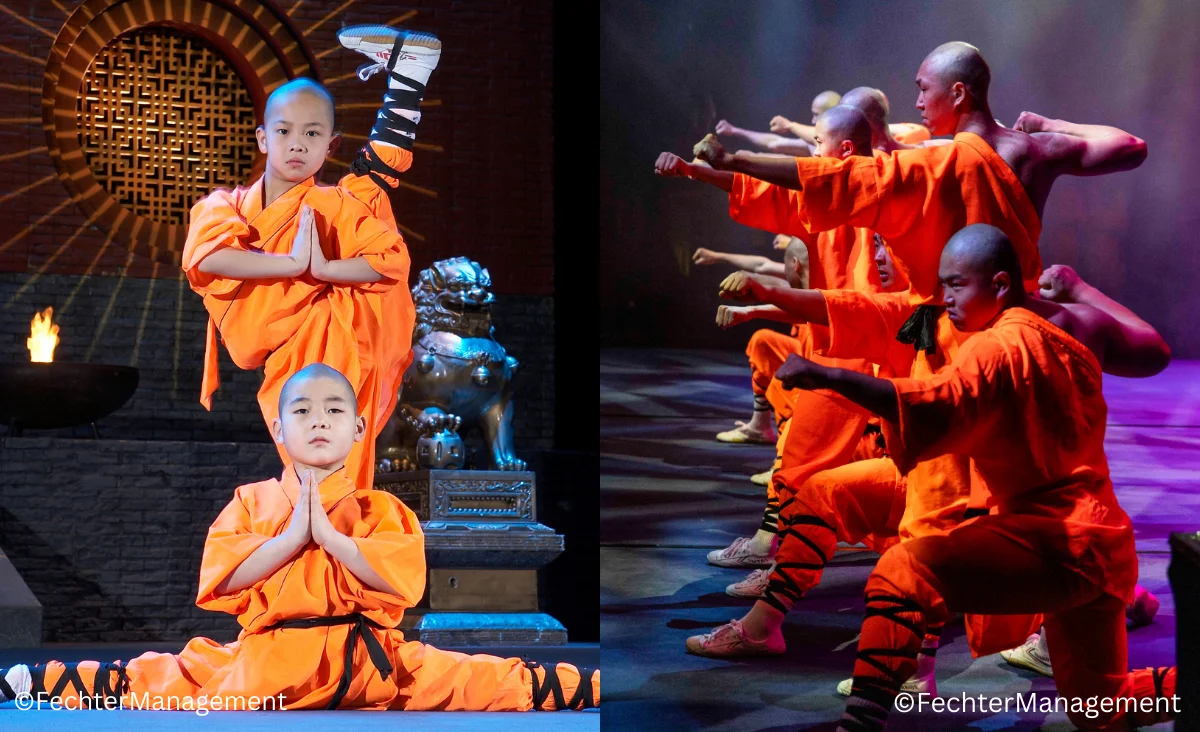 Mehrere Tänzer führen eine Choreografie auf der Bühne auf, umgeben von bunten Lichtern und einer begeisterten Menge.