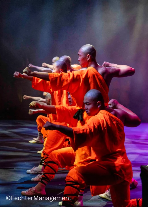 Eine Gruppe von Männern in orangefarbenen Roben führt einen traditionellen Tanz auf.