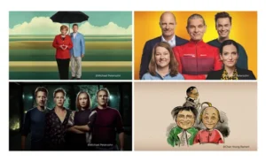 Vier verschiedene Plakat, darunter ein Mann mit einem Regenschirm, präsentieren die Komödie am Kurfürstendamm.