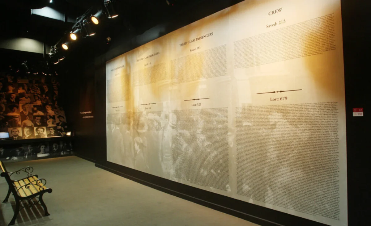 Eine große Wand mit Bildern von Menschen und einer Bank, Teil der Ausstellung "Titanic - Die Ausstellung".