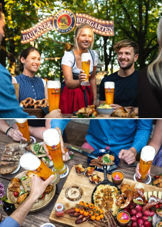 Menschen im Paulaner Wirtshaus Berlin Potsdamer Platz, die gemeinsam Bier und Speisen genießen.