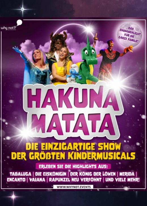 Buntes Poster der Hakuna Matata Kindermusical Gala, das die beliebten Charaktere aus der Show zeigt.