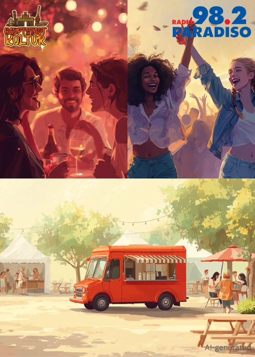 Hauptstadt Kultur Sommerevents, KI generierte Collage aus Markt und feiernden Leuten.