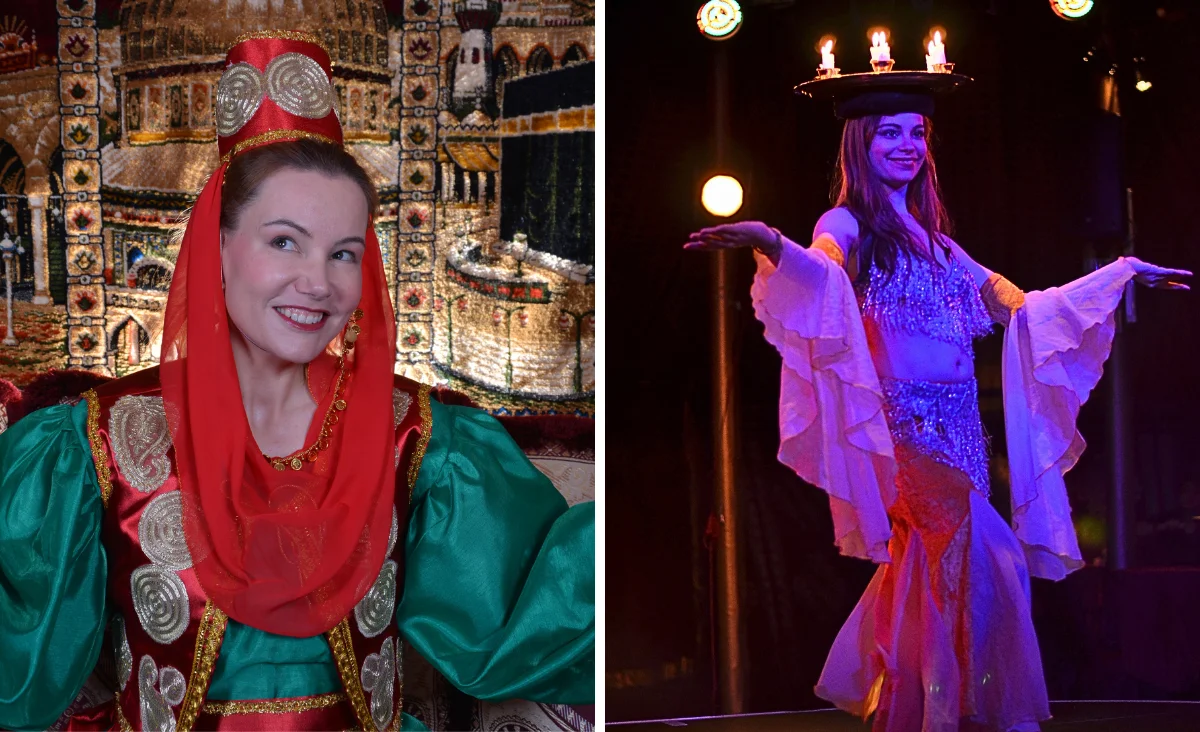 Zwei Darstellungen: Eine Frau in traditioneller Kleidung und eine andere mit rotem Kopftuch.