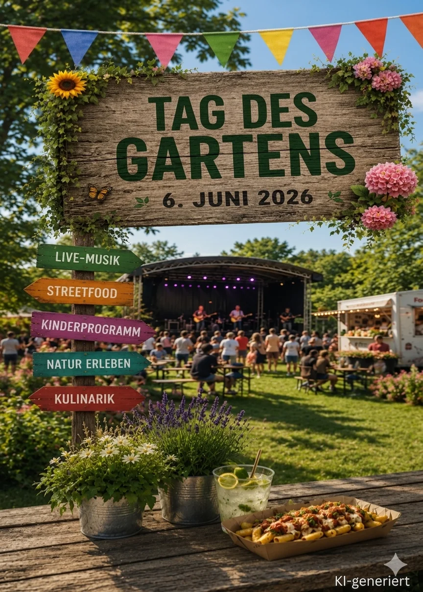 Holzschild mit der Aufschrift 'TAG DES GARTENS 6. JUNI 2026' vor einer Bühne mit Live-Musik und Publikum im Freien, daneben bunte Wegweiser mit den Worten 'LIVE-MUSIK', 'STREETFOOD', 'KINDERPROGRAMM', 'NATUR ERLEBEN' und 'KULINARIK', im Vordergrund ein Tisch mit Pflanzen, einem Getränk und einem Teller mit Essen