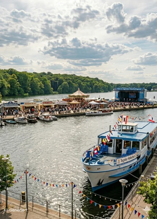 Ein Ausflugsschiff mit dem Schriftzug 'Tegeler Hafenfest' liegt am Ufer eines breiten Flusses oder Kanals in Berlin. Das Schiff ist weiß-blau gestrichen und mit bunten Wimpelketten geschmückt. Im Hintergrund erstreckt sich eine Uferpromenade mit zahlreichen Menschen, die an Ständen und einem Karussell vorbeischlendern. Eine große Bühne mit Überdachung steht am Wasser, davor versammeln sich Besucher. Dichte grüne Bäume säumen das gegenüberliegende Ufer, der Himmel ist von vielen Wolken bedeckt, aber hell.