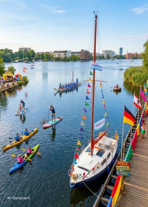 Segelboot mit bunten Wimpelketten liegt an einem Holzsteg, der mit zahlreichen Flaggen geschmückt ist. Auf dem Wasser der Rummelsburger Bucht sind mehrere Kanus und ein Drachenboot mit Menschen unterwegs. Im Hintergrund sind moderne Gebäude und Bäume am Ufer zu sehen. Die Szene wirkt lebhaft und farbenfroh, typisch für ein Sommerfest am Wasser. Auf dem Segelboot und am Steg sind Schilder mit der Aufschrift 'WASSERFEST' angebracht.
