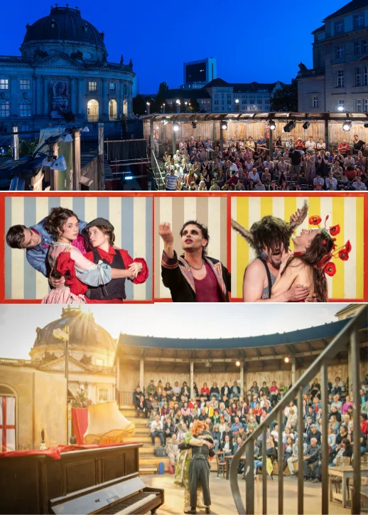 Drei Szenen aus Theateraufführungen im Monbijou Theater Berlin: Publikum im Freilufttheater bei Nacht, Schauspieler in historischen Kostümen in einer Bühnenaufnahme, und eine intime Szene mit zwei Darstellern auf einer Bühne vor einem vollen Zuschauerraum.