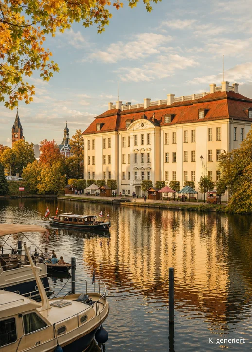 Im Vordergrund liegen mehrere Boote am Ufer eines Flusses. Im Zentrum steht das Köpenicker Schloss, in herbstlicher Atmosphäre, bei dem Event Köpenicker Herbst 2026