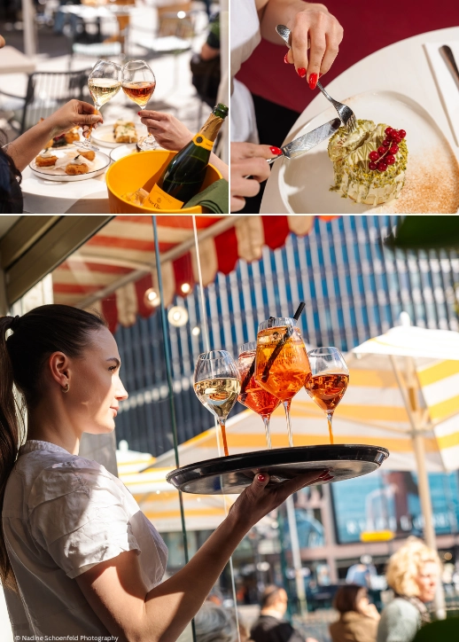 Collage des "The Dawn" Restaurant Berlin. Eine Frau serviert Getränke und Speisen an eine Gruppe von Personen in einem geselligen Ambiente.
