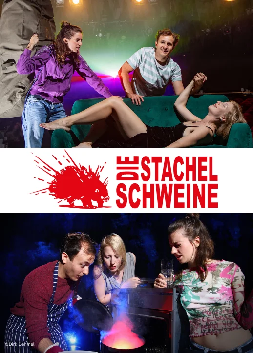 Eine Collage aus Drei Schauspieler auf einer Bühne des Kabarett-Theaters die Stachelschweine