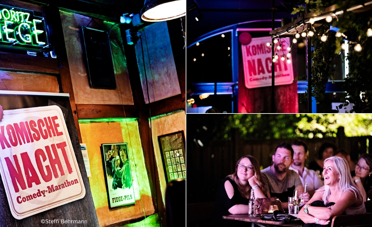 Eine Collage von fröhlichen Menschen, die in einer Bar lachen und anstoßen, umgeben von bunten Lichtern bei der komischen Nacht.