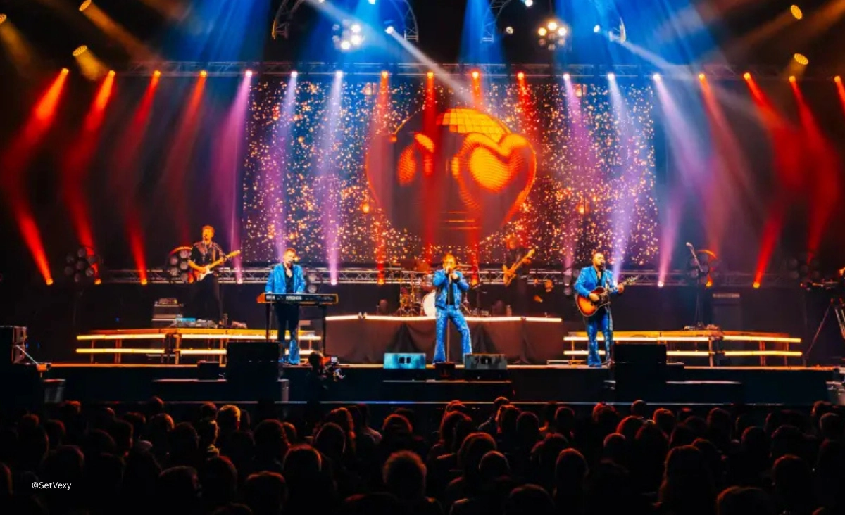 Bee Gees by MainCourse Band in blauen Glitzer-Outfits live auf der Konzertbühne mit Discokugel-Animation