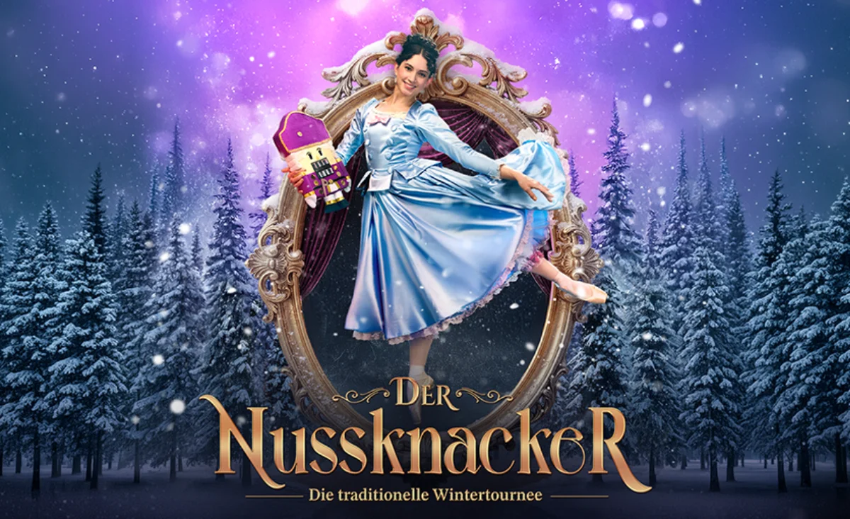 Plakat von "Der Nussknacker" mit einer Ballerina in eleganter Pose.