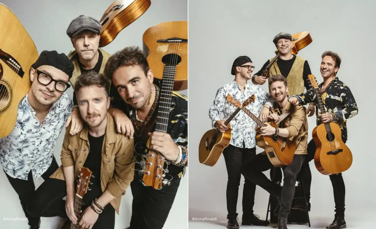Vier Männer mit Akustikgitarren posieren in zwei Gruppenaufnahmen vor hellem Hintergrund von der Gitarrensensation 40 Fingers.